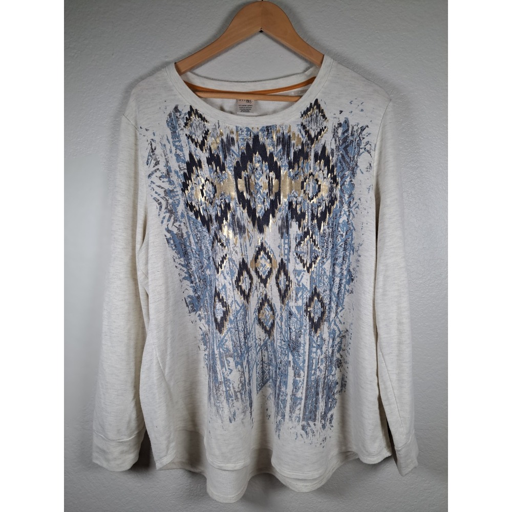 Terra & Sky Womens 1X Oatmeal Metallic Gold Blue Ikat Graphic Long Sleeve Top